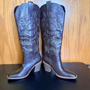 ISNOM Sz 7.5 Women's Dark‎ Brown Square Toe Tall Cowboy Boots Heel